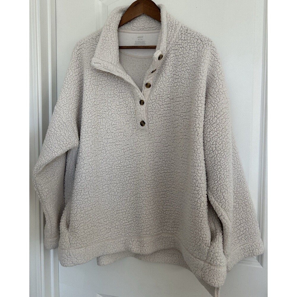 Aerie Womens Sweater Extra Large Sherpa Cozy Quarter Button Pullover Cream Teddy - Picture 2 of 11